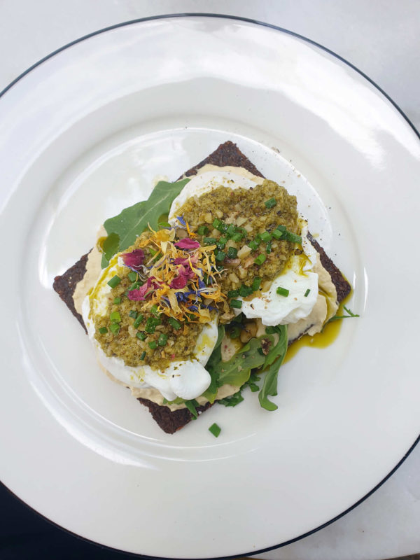 Poached Egg with Pumpernickel and Hummus